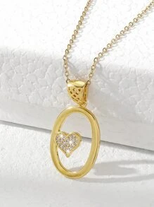 Cubic Zirconia Heart Decor Letter Charm Necklace - Yellow Gold - View 1