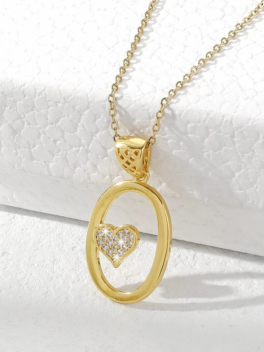 Cubic Zirconia Heart Decor Letter Charm Necklace - Yellow Gold - View 1