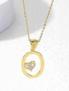 Cubic Zirconia Heart Decor Letter Charm Necklace - Yellow Gold - View 2