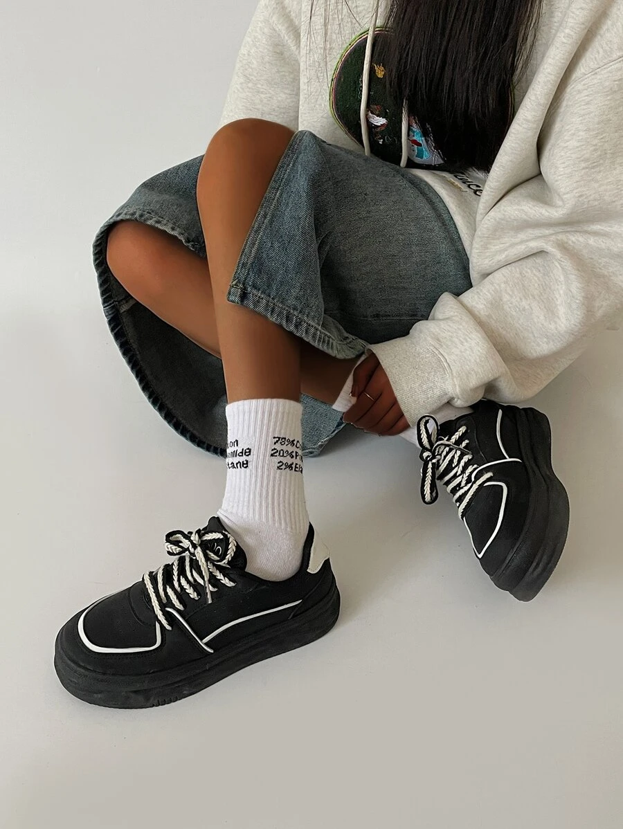 Lace-Up Front Skate Shoes,Panda Color Shoes Women's New Lace-Up Thick Bottom Sports Shoes Women's Black Shoes - Black - View 1