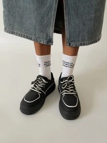 Lace-Up Front Skate Shoes,Panda Color Shoes Women's New Lace-Up Thick Bottom Sports Shoes Women's Black Shoes - Black - View 2