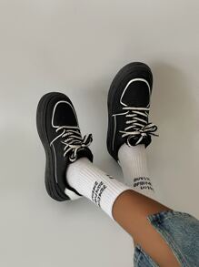 Lace-Up Front Skate Shoes,Panda Color Shoes Women's New Lace-Up Thick Bottom Sports Shoes Women's Black Shoes - Black - View 3