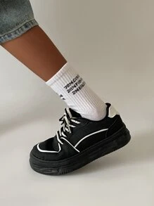 Lace-Up Front Skate Shoes,Panda Color Shoes Women's New Lace-Up Thick Bottom Sports Shoes Women's Black Shoes - Black - View 4