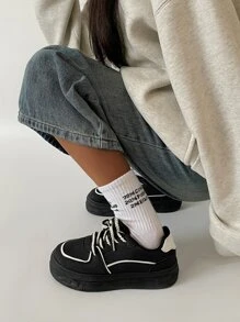 Lace-Up Front Skate Shoes,Panda Color Shoes Women's New Lace-Up Thick Bottom Sports Shoes Women's Black Shoes - Black - View 6