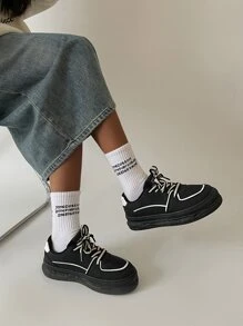 Lace-Up Front Skate Shoes,Panda Color Shoes Women's New Lace-Up Thick Bottom Sports Shoes Women's Black Shoes - Black - View 7