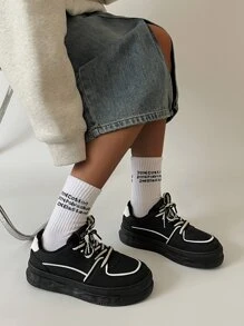 Lace-Up Front Skate Shoes,Panda Color Shoes Women's New Lace-Up Thick Bottom Sports Shoes Women's Black Shoes - Black - View 8