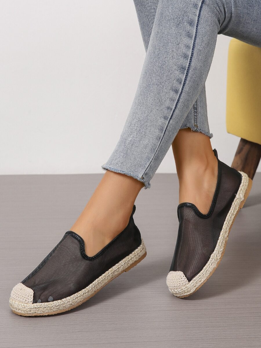 Cap Toe Espadrille Flat Loafers - Black - View 1