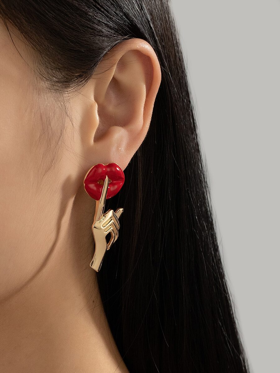 唇部和手設計耳釘 - 金黃色 - 查看 1