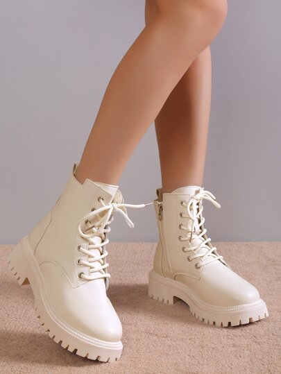 Fall/Winter Women Lace-Up Front Flatform Fashion Boots Preppy White Combat Boots,Boots For Women