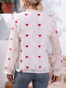 SHEIN Clasi Heart Embroidery Tie Neck Ruffle Trim Flounce Sleeve Fuzzy Blouse - White - View 2