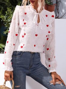 SHEIN Clasi Heart Embroidery Tie Neck Ruffle Trim Flounce Sleeve Fuzzy Blouse - White - View 3