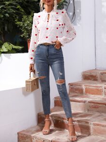 SHEIN Clasi Heart Embroidery Tie Neck Ruffle Trim Flounce Sleeve Fuzzy Blouse - White - View 6