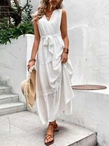 Breezaya Vestido con cinturón con encaje en contraste bajo con fruncido - Blanco - Ver 5