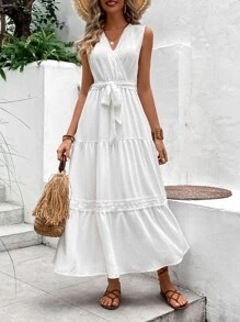 Breezaya Vestido con cinturón con encaje en contraste bajo con fruncido - Blanco - Ver 2