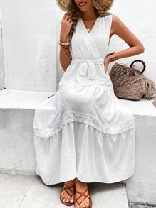 Breezaya Vestido con cinturón con encaje en contraste bajo con fruncido - Blanco - Ver 1