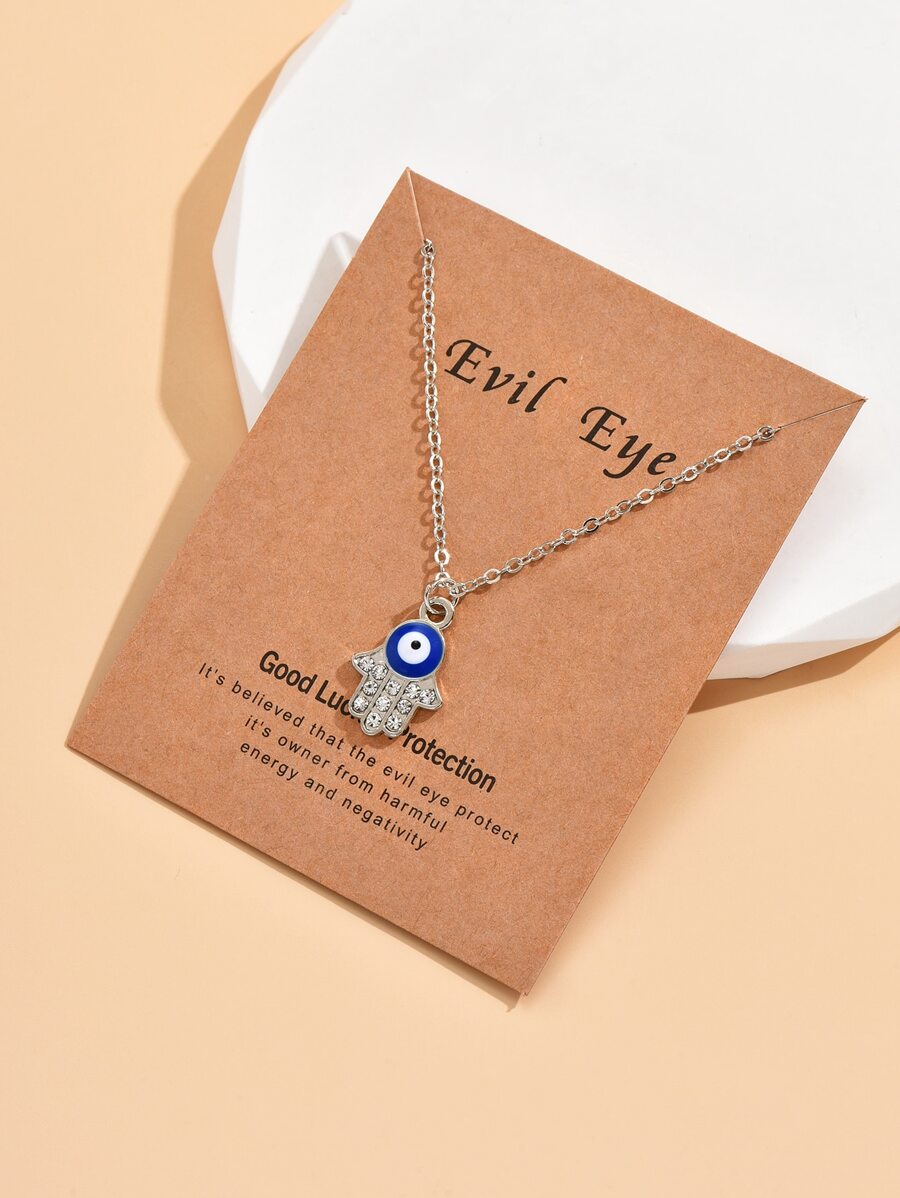 Eye Detail Rhinestone Decor Hamsa Hand Charm Necklace - Silver - View 1
