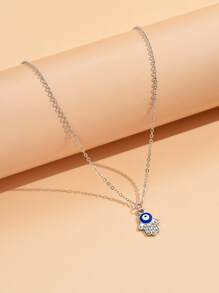 Eye Detail Rhinestone Decor Hamsa Hand Charm Necklace - Silver - View 2
