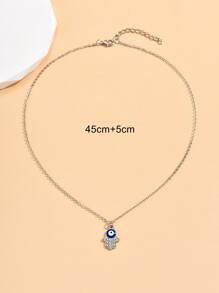 Eye Detail Rhinestone Decor Hamsa Hand Charm Necklace - Silver - View 3