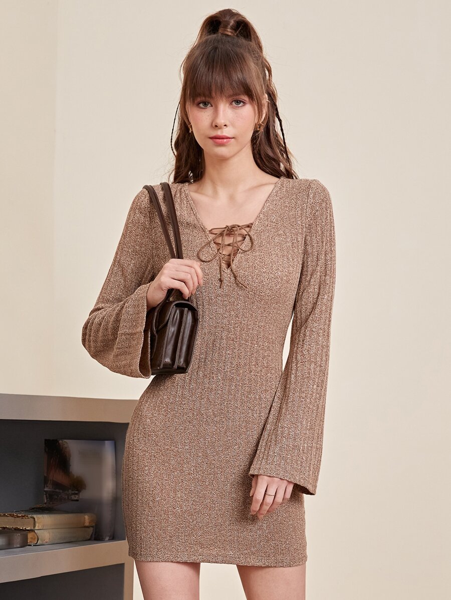 SHEIN MOD Lace Up Front Bell Sleeve Rib-knit Dress - Khaki - View 1