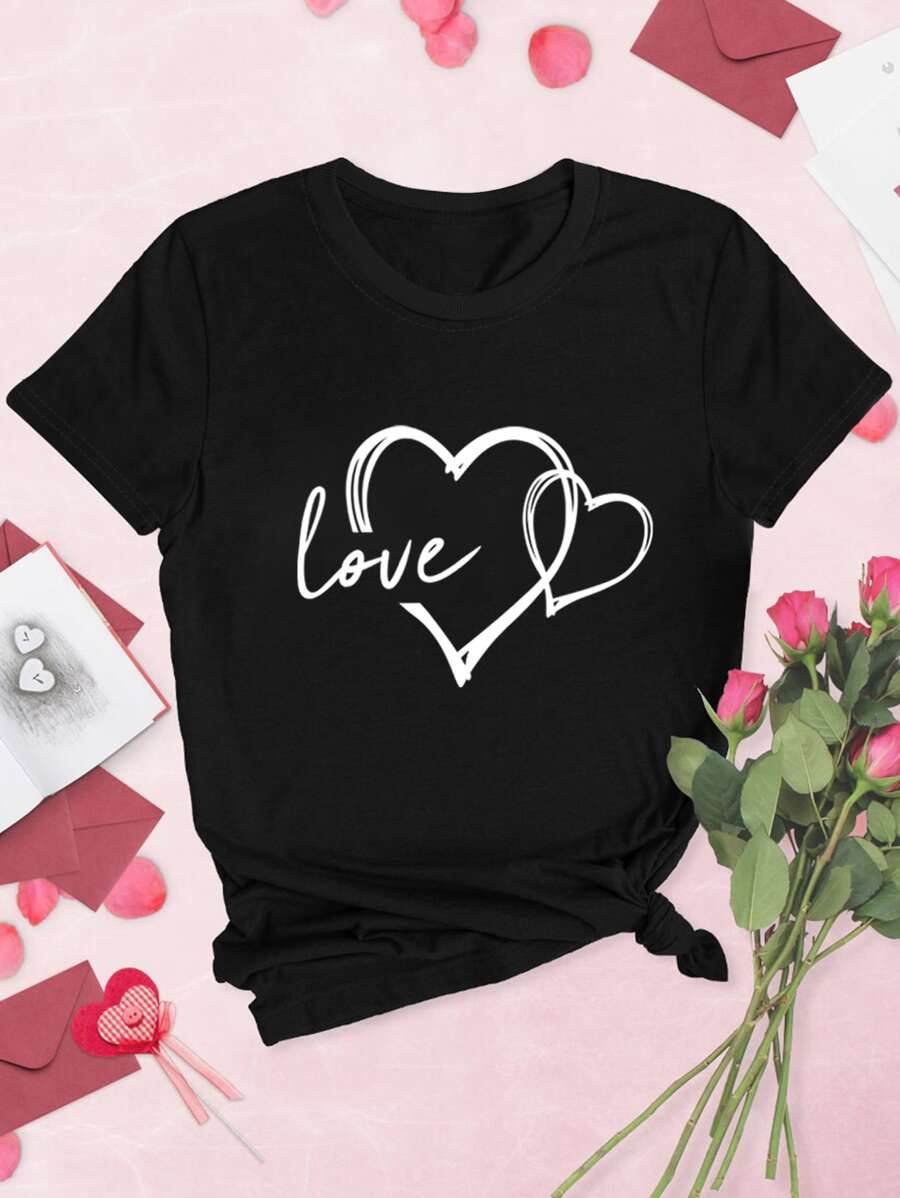 SHEIN LUNE Heart And Letter Graphic Tee - Black - View 1