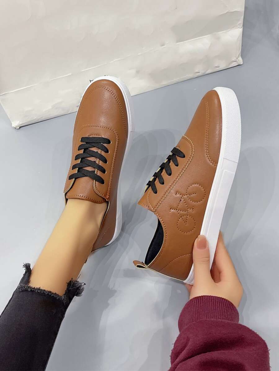 Bike Embossed Lace-up Front Skate Shoes - Brown - View 1