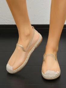 Mesh Panel Slip On Espadrille Flats - Apricot - View 2