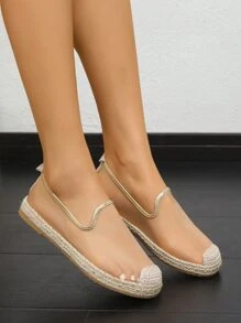 Mesh Panel Slip On Espadrille Flats - Apricot - View 3