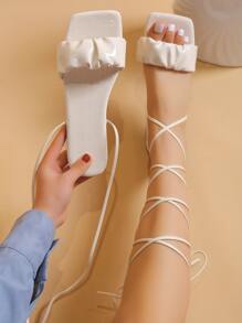 Fashionable Outdoors White Lace Up Flat Sandals For Women, Criss Cross Ruched Strap Plain Artificial Leather Square Open Toe Strappy Sandals - Beige - View 1