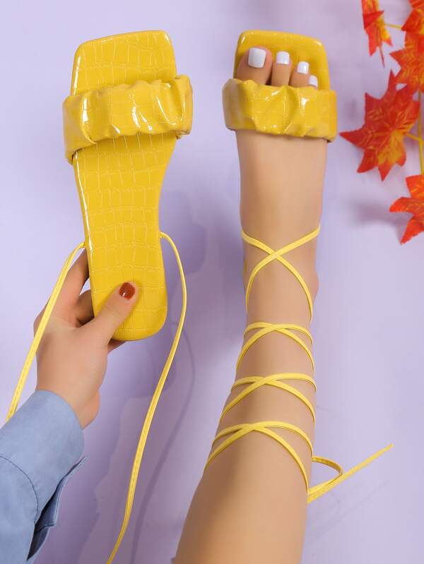 Ruched Detail Tie Leg Design Strappy Sandals