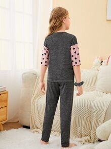 Girls Heart Print Colourblock Tee & Trousers PJ Set - Multicolor - View 2