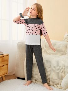 Girls Heart Print Colourblock Tee & Trousers PJ Set - Multicolor - View 3