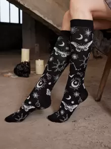 ROMWE Goth Butterfly & Sun Pattern Socks - Black - View 2