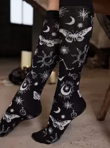 ROMWE Goth Butterfly & Sun Pattern Socks - Black - View 3