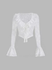 SHEIN MOD Ruffle Trim Flounce Sleeve Knot Front Crop Schiffy Blouse - White - View 1