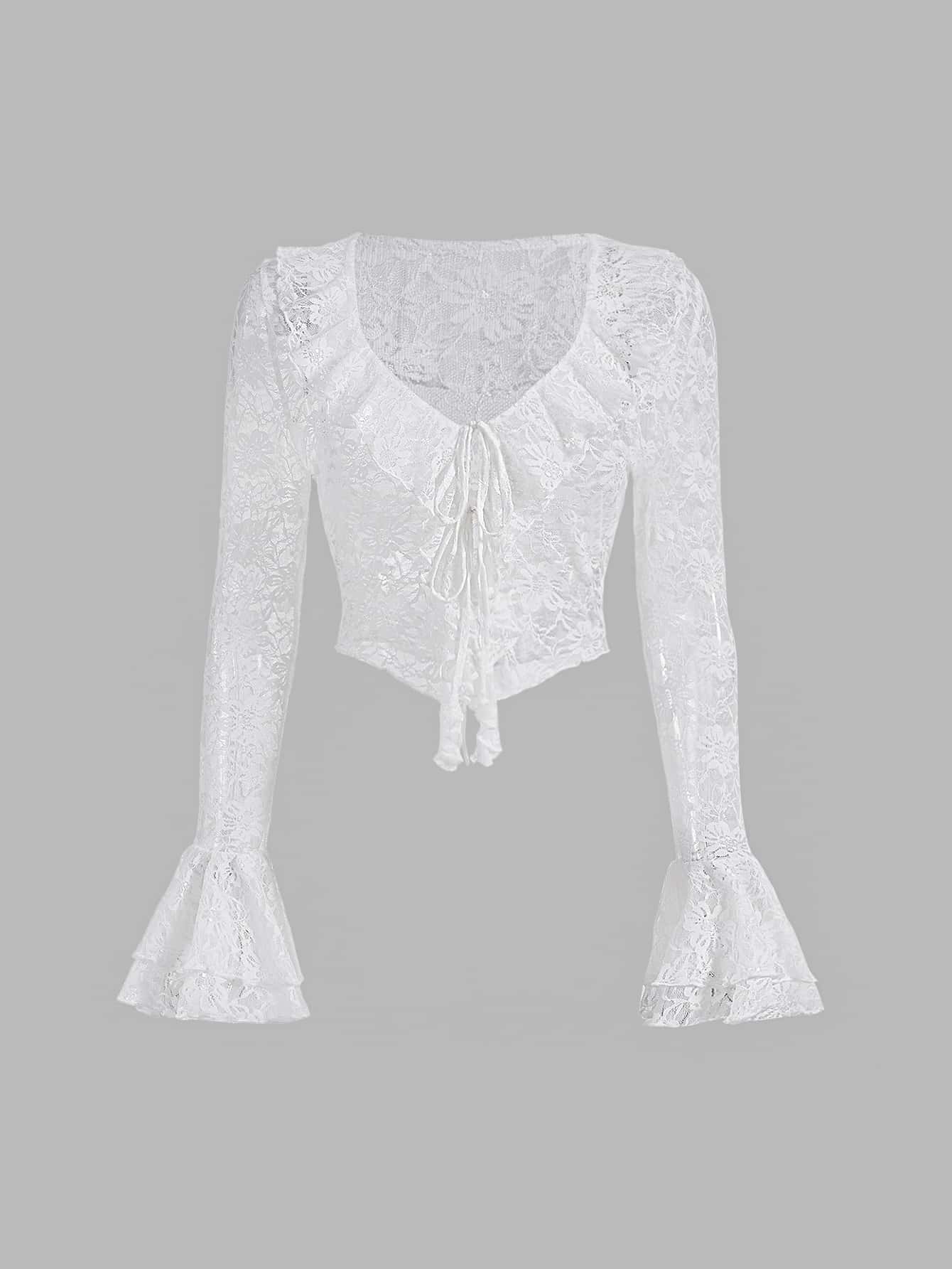 SHEIN MOD Ruffle Trim Flounce Sleeve Knot Front Crop Schiffy Blouse - White - View 1