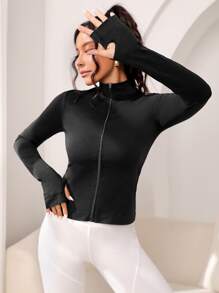 Easithlete Cazadora deportiva con cremallera agujero para el pulgar - Negro - Ver 6