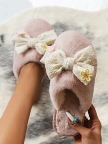 Bow Decor Fluffy Bedroom Slippers - Dusty Pink - View 1
