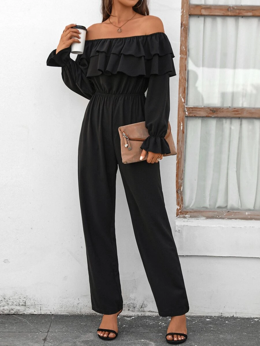 SHEIN LUNE Mono de hombros descubiertos ribete con fruncido de manga con volante - Negro - Ver 1