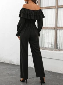 SHEIN LUNE Mono de hombros descubiertos ribete con fruncido de manga con volante - Negro - Ver 2