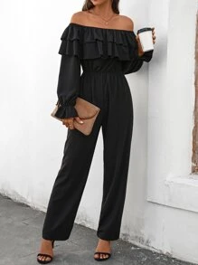 SHEIN LUNE Mono de hombros descubiertos ribete con fruncido de manga con volante - Negro - Ver 4