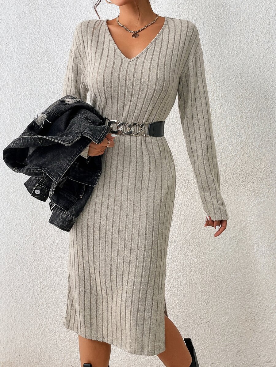 SHEIN Frenchy Ribbed Knit Split Hem Dress Without Belt - Apricot - View 1