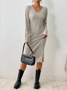 SHEIN Frenchy Ribbed Knit Split Hem Dress Without Belt - Apricot - View 3