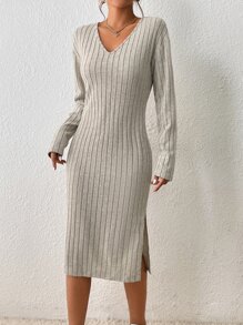 SHEIN Frenchy Ribbed Knit Split Hem Dress Without Belt - Apricot - View 5