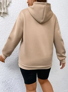 SHEIN EZwear 加大码字母图案落肩抽绳保暖卫衣 - 卡其色 - 查看 2