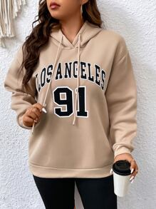 SHEIN EZwear 加大码字母图案落肩抽绳保暖卫衣 - 卡其色 - 查看 3