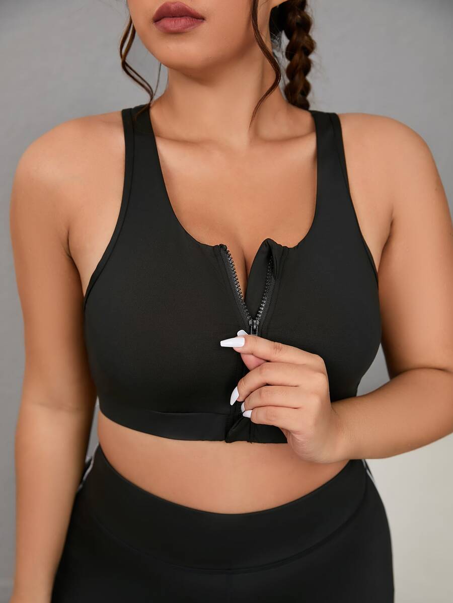 Gameset SHEIN Sport Plus Zip Up Racer Back Sports Bra - Black - View 1