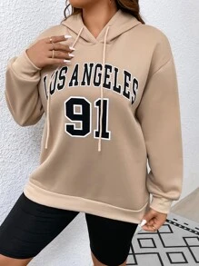 SHEIN EZwear 加大码字母图案落肩抽绳保暖卫衣 - 卡其色 - 查看 4