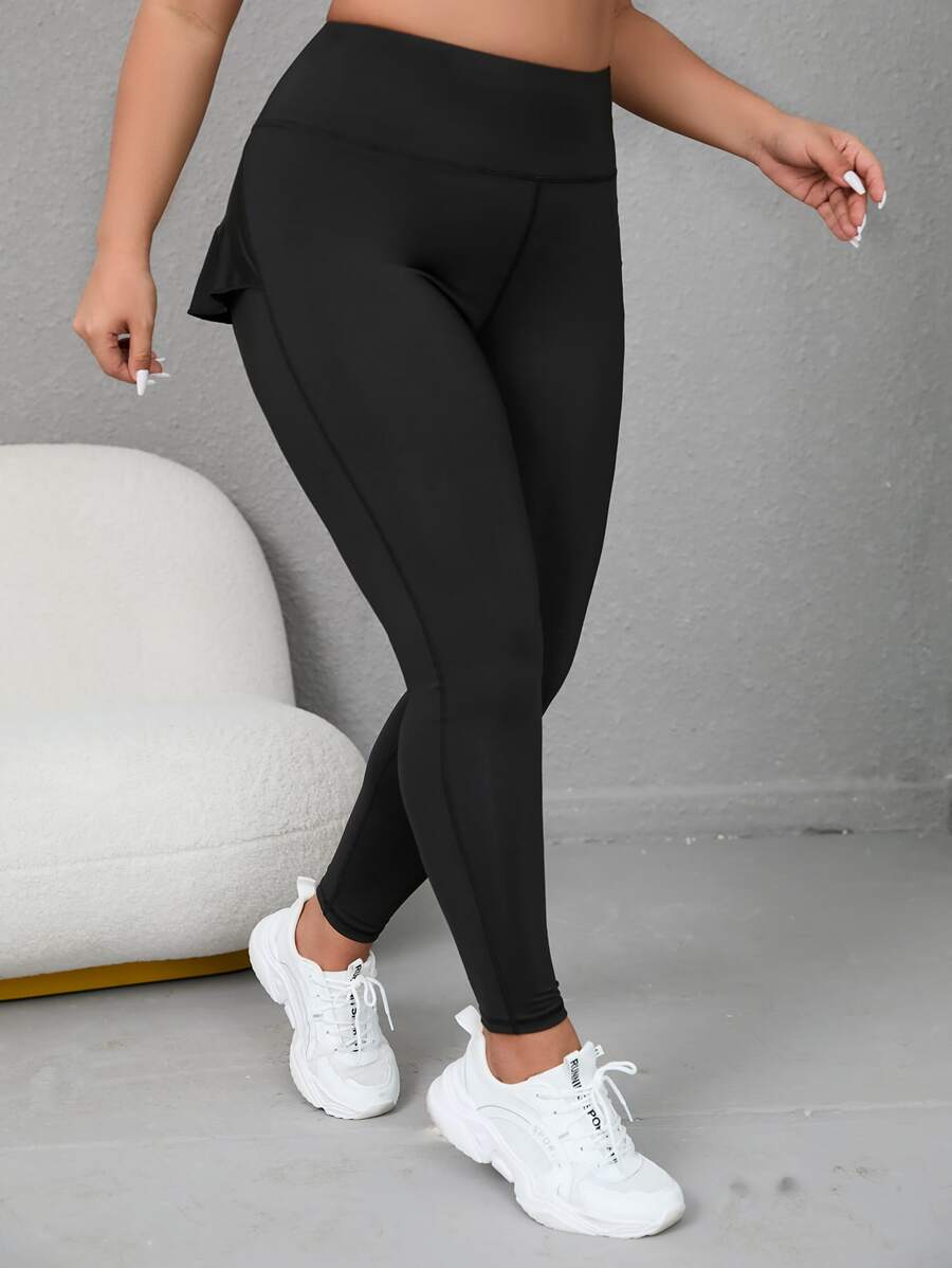 Leggings deportivos unicolor fruncido trasero bolsillo de celular - Negro - Ver 1