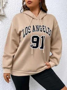 SHEIN EZwear 加大码字母图案落肩抽绳保暖卫衣 - 卡其色 - 查看 5