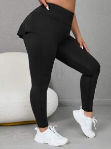 Leggings deportivos unicolor fruncido trasero bolsillo de celular - Negro - Ver 4